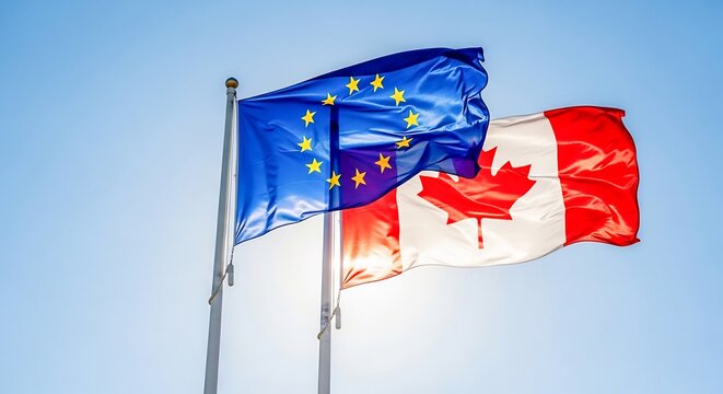EU-Canada Alliance, Flags Waving Together Under Blue Sky