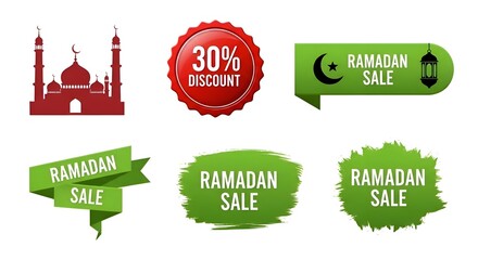Ramadan Sale and Discount icons featuring mosque, crescent, lantern, and percentage off