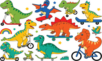 Obraz premium Cute Cartoon Dinosaurs Riding Scooters Bicycles and Skateboards Colorful Flat Vector Illustration Set