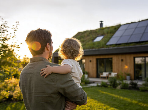 Back view of father carrying toddler facing a contemporary house with solar panels and green roof in warm evening light, expressing sustainability, family life and clean energy.