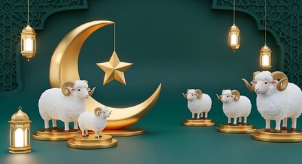 Eid al Adha celebration with sheep, crescent moon, stars, and lanterns