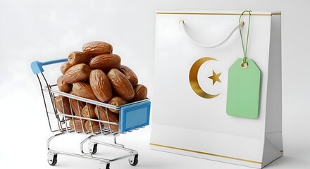 Shopping bag with crescent moon and tag next to a mini shopping cart full of dates