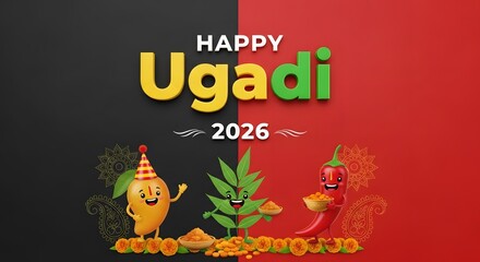 Naklejka premium Happy ugadi 2026 festival greeting with traditional elements