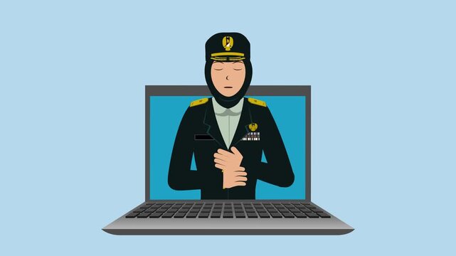 Opening Laptop With Muslim Female Indonesia Soldier Animation Video 4K suitable for your project needs