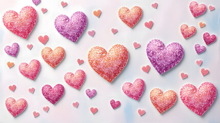 Fototapeta premium Pattern of sparkling pink and purple sugar hearts on a light background