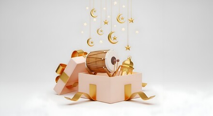 An open gift box reveals a traditional drum and a golden lantern, adorned with gold crescent moons and stars hanging above, perfect for Ramadan and Eid celebrations.