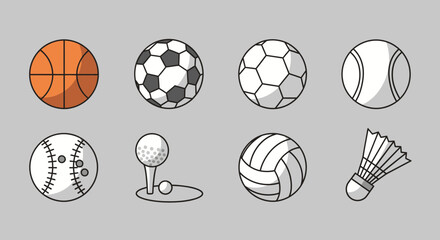 Collection of Popular Sports Balls and Equipment Icons on Gray Background
