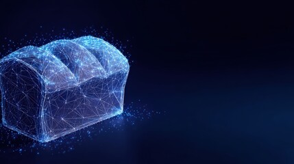 A digital bread loaf with glowing particles on a dark background, illustrating food tech. ..Created with Generative AI, not depicting real subjects.