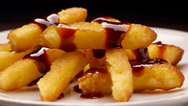A plate of crispy fries smothered in rich brown gravy on a white plate against a dark background, possibly for a restaurant or recipe advertisement