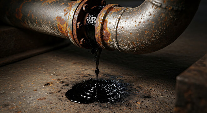 Leaking Rusty Oil Pipe Drips Black Crude Oil