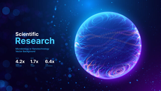 Biology Cell Scientific Medical Research Background. Science Blue Cells Backdrop with Depth of Field Blur Particles Effect. Futuristic Plant Microbiology. Blue Virus Cells Vector Illustration.