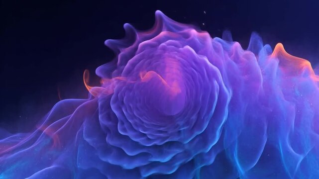 Swirling luminous blue orange purple fluid forms softly glowing in a dark void