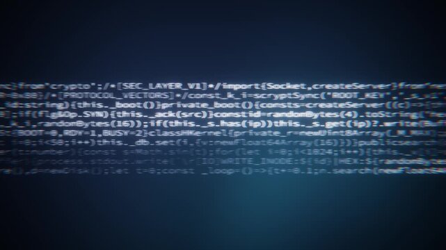 Endless lines of source code typing and scrolling on a dark blue computer screen in a seamless loop
