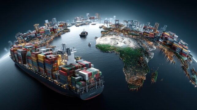 3D rendered import export logistics, world map, globe, visualizing global cargo transport.