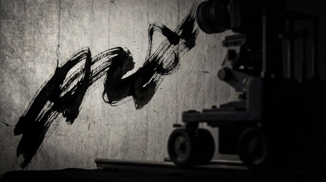 Industrial robot arm with a brush creating modern abstract art on a textured wall.