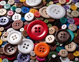Colorful sewing buttons collection on white and wooden backgrounds