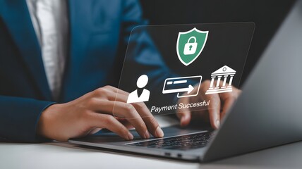 Naklejka premium Person typing on laptop with payment success screen and security