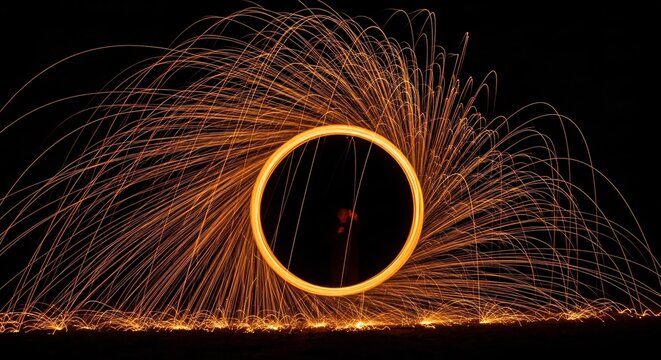 Long exposure photography of spinning burning steel wool creating a fiery circle of sparks