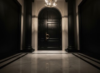 Elegant Black Grand Door with Ornate Gold Handle and Marble Hallway Illuminated by Chandelier