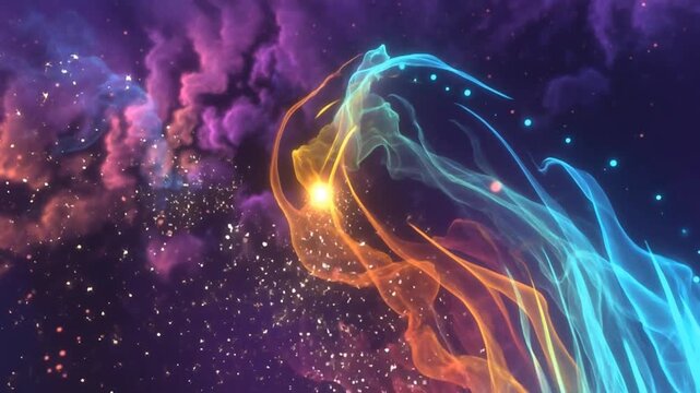 Abstract Serpentine Colorful Light Trls and Shimmering Dust Particles Adrift in a Dark Void