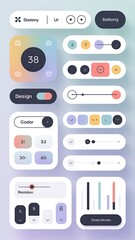 UI elements kit vector: buttons, toggles, sliders,
checkboxes, clean modern design, soft shadows, pastel color palette, for web & mobile interface design, flat vector style