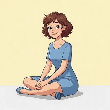 Cartoon woman sitting on floor smiling.