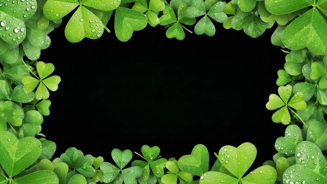 Fresh green clover leaves frame black background with water drops