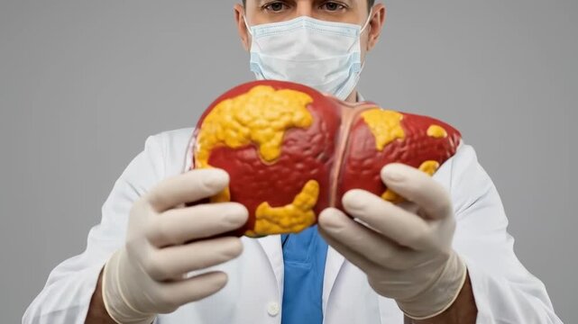 Medical doctor, protective gear, examining, human organ disease model, depicting severe hepatic steatosis, fatty liver pathology, medical education, public health awareness, organ care