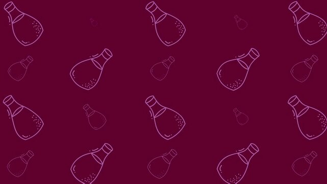 Food doodle pattern of quirky bottle shapes on maroon background. Perfect for kitchen decor, packaging design, and foodrelated projects.