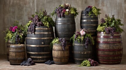 Fototapeta premium Rustic barrels filled with vibrant grapes and lush greenery arranged aesthetically for a charming vintage decor setup