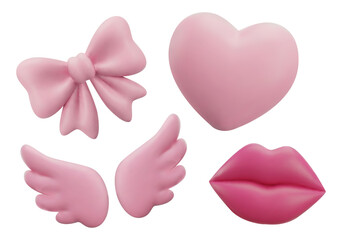 Glossy 3D coquette style icon collection featuring heart, angel wings, lips and bow. Cute romantic balloon design