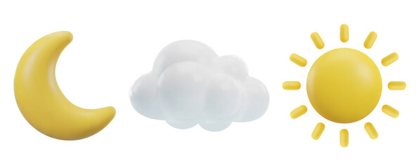 3d sun, moon and cloud. Realistic yellow sun, crescent with stars and blue rain cloud weather realistic glossy icons.