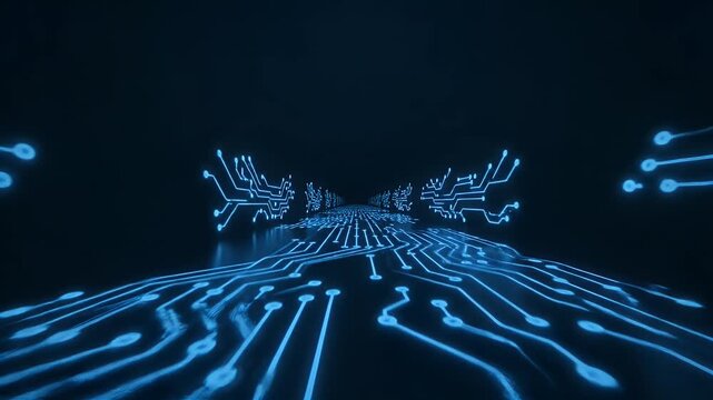Futuristic digital circuit board pathway glowing with electric blue light