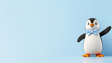 Obraz premium Cute cartoon penguin wearing blue bow tie, standing against light blue background, exuding cheerful and playful vibe