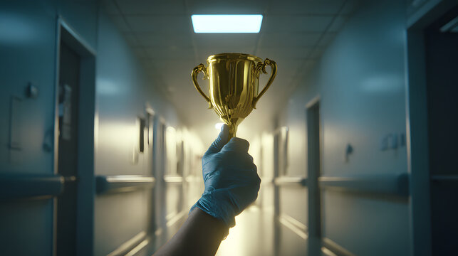 A golden trophy is raised by a gloved hand in a hospital hallway to celebrate the dedication and hard work of healthcare heroes during challenging times, a triumphant moment.