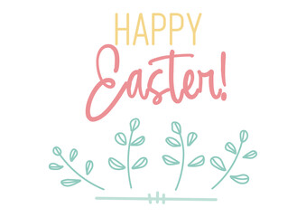 Happy Easter lettering with minimalist blue branches and leaves. Vector holiday illustration isolated on transparent background for greeting cards and decor.