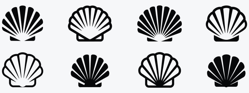 Shell icon set, seashell vector illustrations including conch, scallop, and clam designs, perfect for beach, marine, nautical, and ocean themed creative projects.
