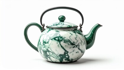 Green and white marble ceramic teapot with metal handle, isolated on white background, elegant kitchenware still life