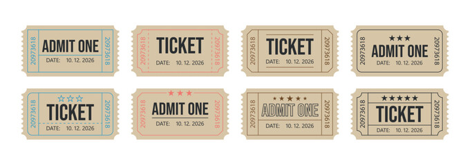 Obraz premium Set of vintage admit one ticket templates with perforated edges, serial numbers, and classic typography. Retro flat vector design isolated on light background