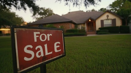 Obraz premium Weathered red for sale sign in front of suburban house