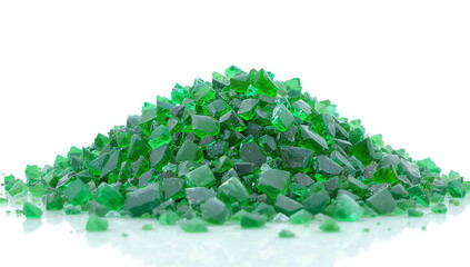 Fototapeta premium A pile of green glass fragments on a flat surface viewed from the side