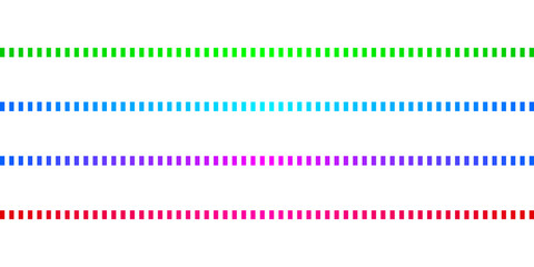 Horizontal gradient dotted line or dashed line color transition png with red, green, yellow, blue square dots or dash on transparent background for digital artwork design