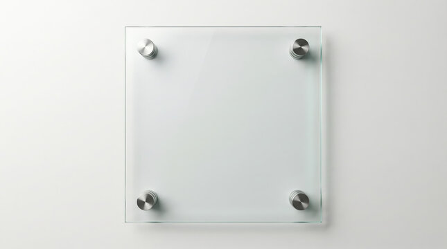 Blank square glass signage plaque mockup with metal standoffs on a white wall for corporate branding.