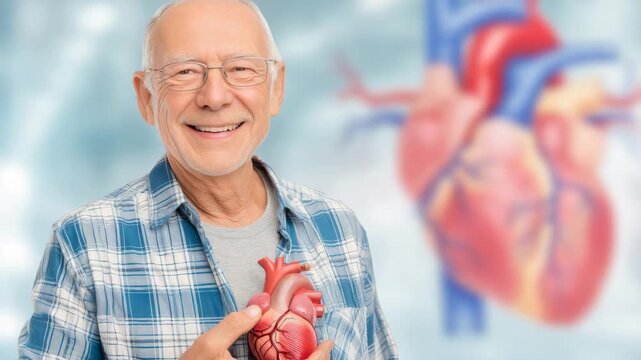 Smiling senior man holding a model of a human heart with anatomical illustration in background