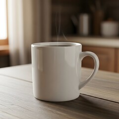 Fototapeta premium Steaming Coffee Mug on Wooden Table, Cozy Morning Light, Kitchen Background, Warm Beverage