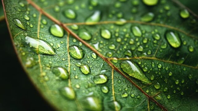 Close-up macro shot of fresh green leaf surface covered with numerous sparkling water droplets