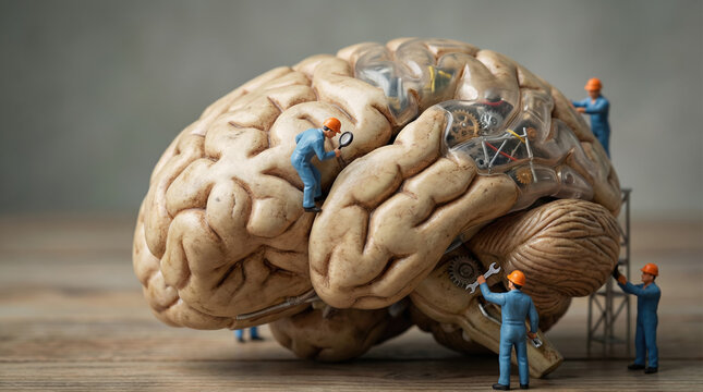 Conceptual miniature workers repairing and maintaining a human brain model with gears and tools.