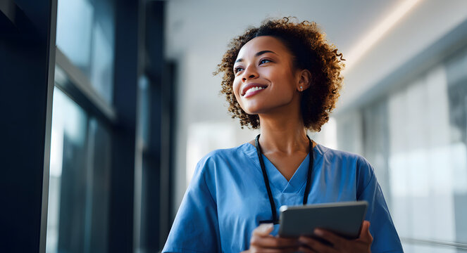 A young African American nurse in blue scrubs holding a tablet and smiling hopefully in a modern hospital corridor.