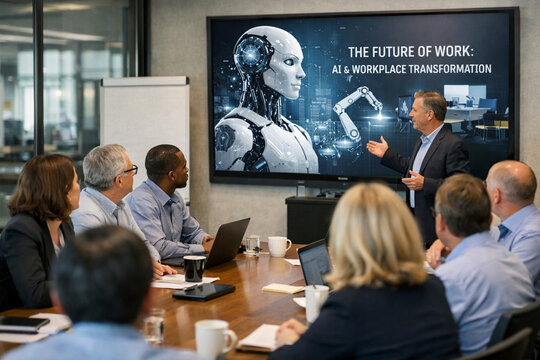 A businessman presents a futuristic concept of AI and workplace transformation to a group of professionals in a modern conference room