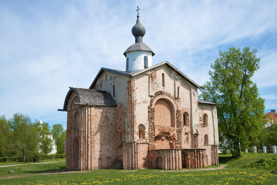The medieval Church of Paraskeva Friday at the Auction on a sunny May day. Yaroslavovo dvorishche, Veliky Novgorod. Russia